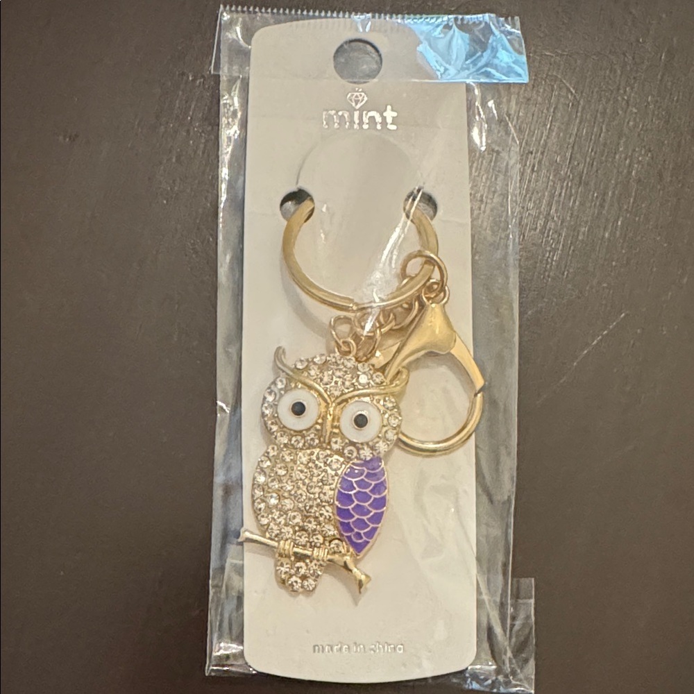 Mint Sparkling Gold and Purple Owl Bag Charm Key Holder